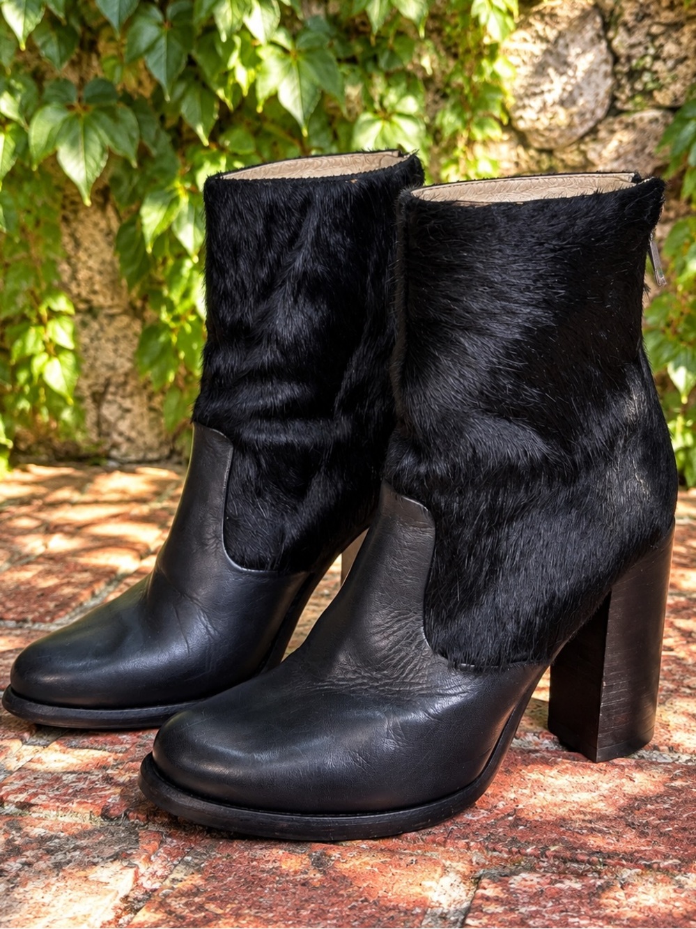 ALLSAINTS Black Pony Hair Leather Back Zip Minimalist Luxury Ankle Boots, 36